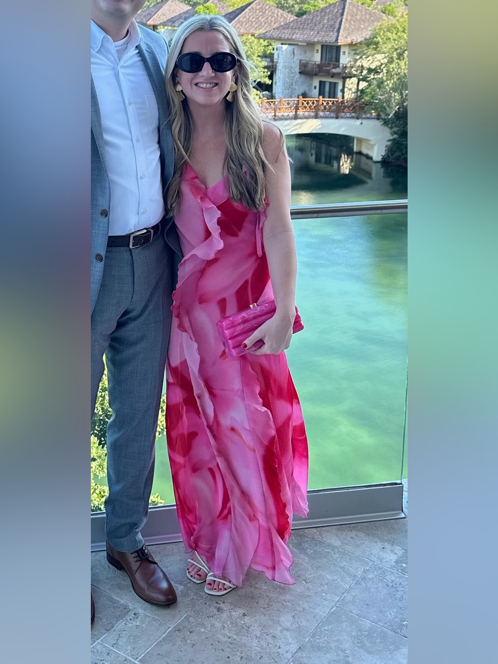 Mango Pink Watercolor Ruffle Maxi Dress - Women S/4 EUC